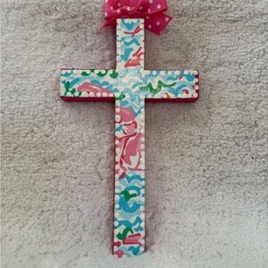 Lilly Pulitzer Inspired Pink and Blue Decorative Cross with Bow